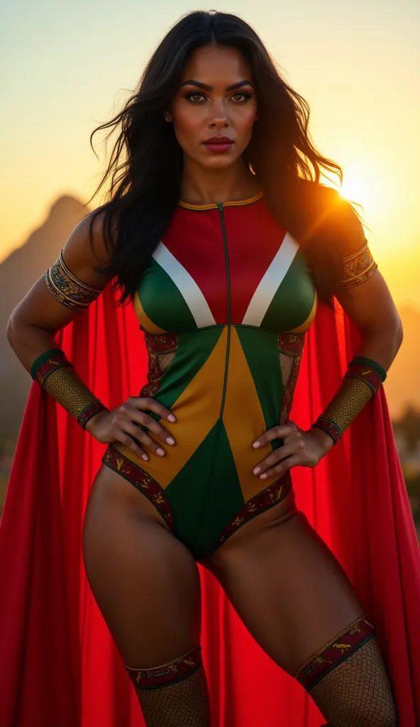 Hyperrealistic Portrait of a South African Superhero (Inspired by Supergirl):

A hyperrealistic portrait of a stunning, muscular female superhero representing South Africa, standing confidently in a powerful "akimbo pose" with hands on her hips. Her bodysu...