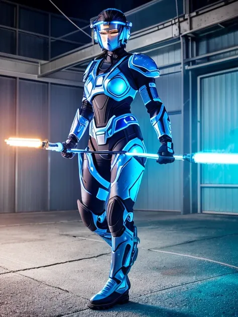 female cyborg. cold blue fluorescents + UV projectors. sapphire, silver, blackened khaki. hydro-tech jumpsuit with blue fluid tubes, gear-adorned chestplate, blade-shaped shoulder guards. reinforced boots with sole LEDs. electric-blue mohawk with wire exte...