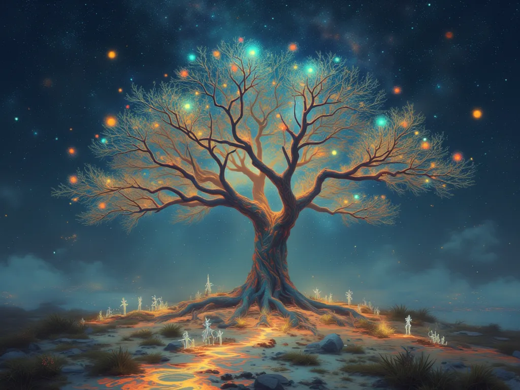 A tree with deep roots and branches that extend to the sky,  with fruits that shine like stars , representing the connection between words and manifestation."