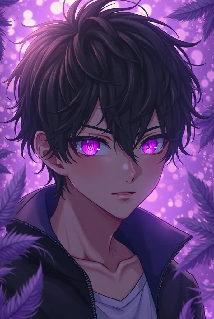 it generates a male anime-style character with dark brown hair and a little messy,  with bright purple eyes , And with a background with shining purple feathers 