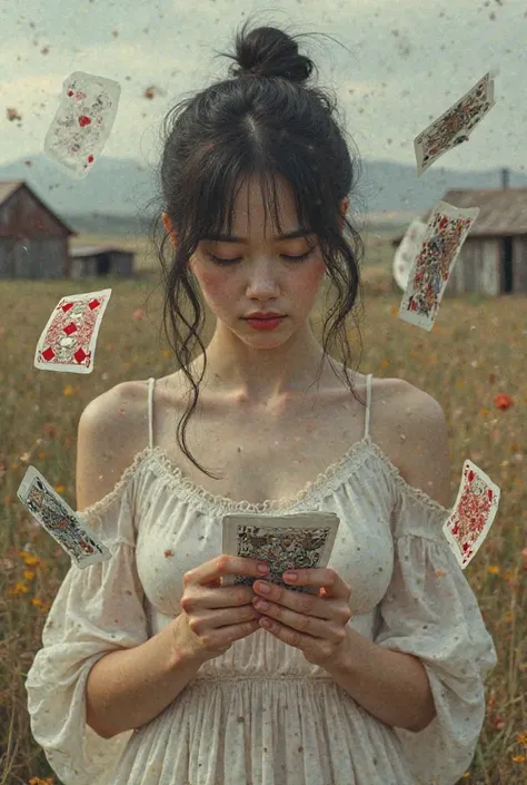 Please create an image。It's as real as the picture 。Japanese girl in Trump country。has a lot of playing cards。 soft light 