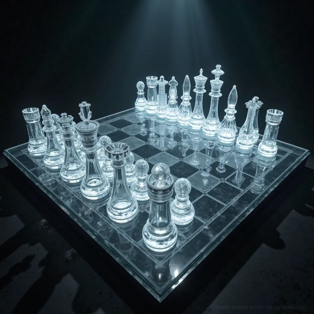 A chessboard with the glass pieces, high resolution, high definition, dark environment, seen from above. 