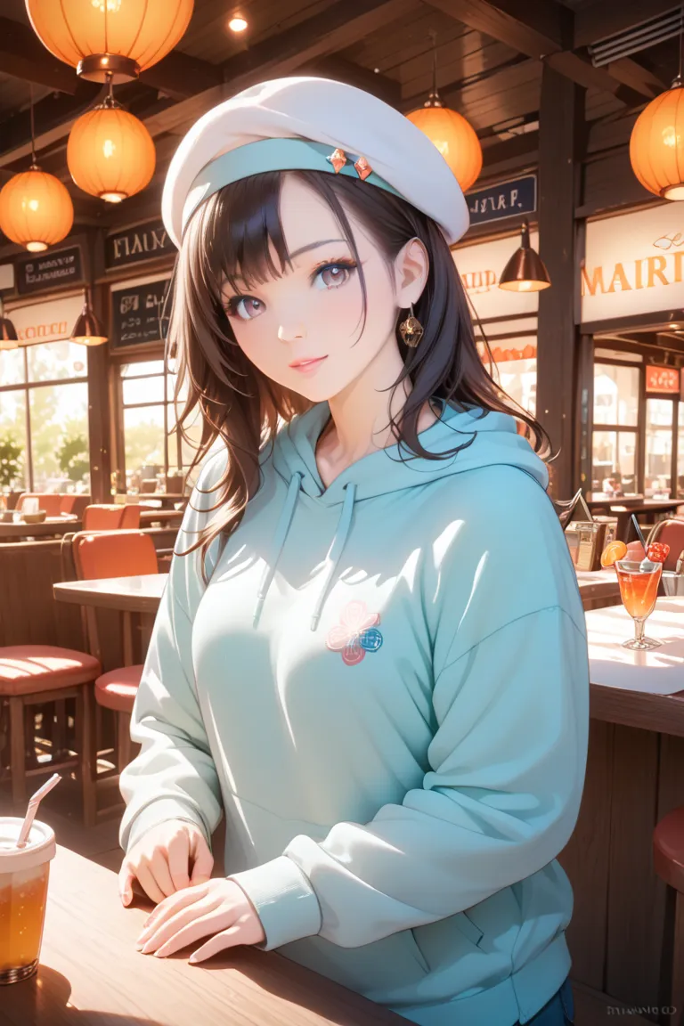 ( top quality made of straw)( erotic ) beautiful woman under hoodie(beret )、cafeteria、