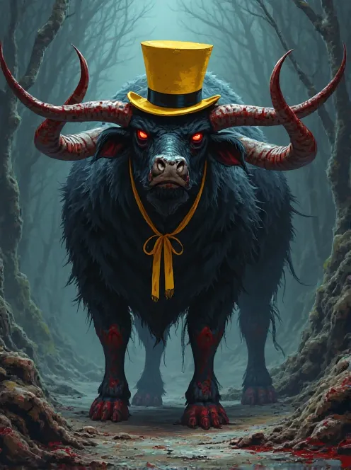 (Anime style),  night, dark environment, A totally black bull, 6 large blood-stained horns, yellow top hat and black ribbon, A yellow ribbon around the neck ,  illuminated red eyes  