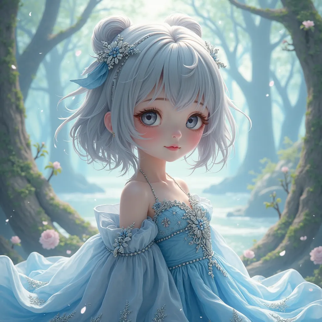 a young girl with grey hair wearing a blue dress and silver accessories, a detailed drawing, fantasy art, 2. 5 d cgi anime fantasy artwork, realistic anime 3 d style, cgsociety 9