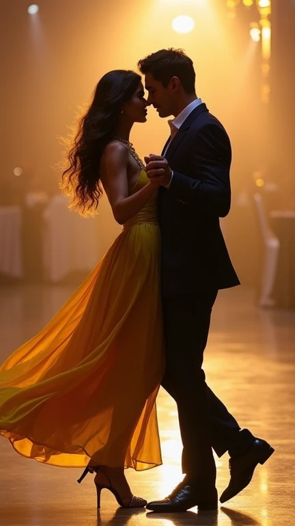 "Against a backdrop of soft, golden lights, the silhouettes of a dancing couple stand out in perfect harmony. The man, tall and broad-shouldered, has a strong, athletic frame, accentuated by the cut of his navy blue suit. His posture is poised yet firm as ...