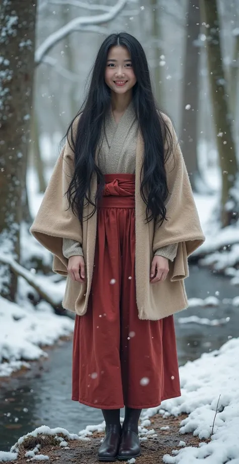  High quality. A real Oriental Japanese girl with 18 years old with beyond floor length black hair and see her "whole" body wearing thick lambswool traditional Wafuku standing nearby hot springs inside the forest, must see her whole body. The scenario of f...