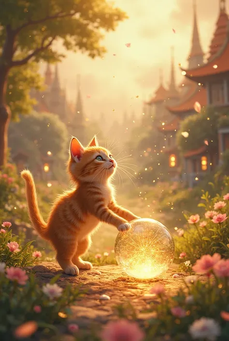 The cat breaks the ball with its paw, and golden light flows across the village. The fields are blooming again, Fountains are bubbling, and people laugh with joy.