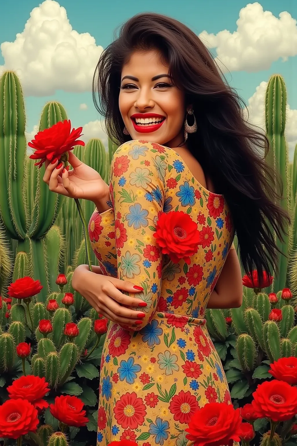 "  A charming and elegant girl confidently finds herself at the center of a vibrant cactus garden, surrounded by blossoming cacti.   Elegant red nails,  exuding sophistication and charm . Her length ,   her intricate hair flows beautifully   ,   with soft ...