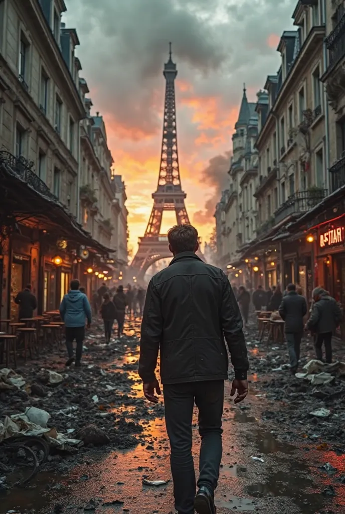 A hyperrealistic first-person vision (throw) of a man walking through the devastated streets of Paris.  The setting is apocalyptic : Iconic buildings, like the Eiffel Tower and Notre-Dame Cathedral,  are partially destroyed , with structures crumbling and ...