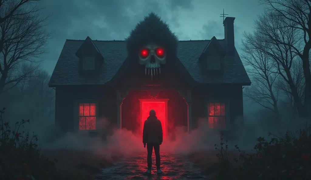 "  A scary horror thumbnail featuring a dark  ,   eerie atmosphere  .  soft in the foreground  , a pale ,  ghostly figure with red eyes is inside the house ,  there is someone standing in front of the house holding a mobile phone with the message 'I am you...