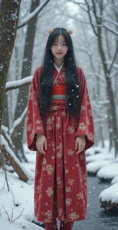  High quality. A real Oriental Japanese girl with 18 years old with beyond floor length black hair and see her "whole" body wearing thick lambswool traditional Wafuku standing nearby hot springs inside the forest, must see her whole body. The scenario of f...