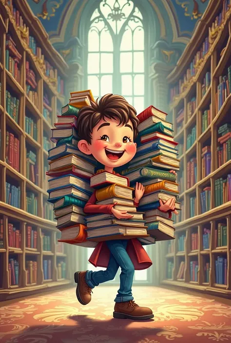 UN DIBUJO EN CARICATURA El Lector de Biblioteca
📚 Un personaje con un montón de libros en los brazos, walking through a gigantic library with a happy face.