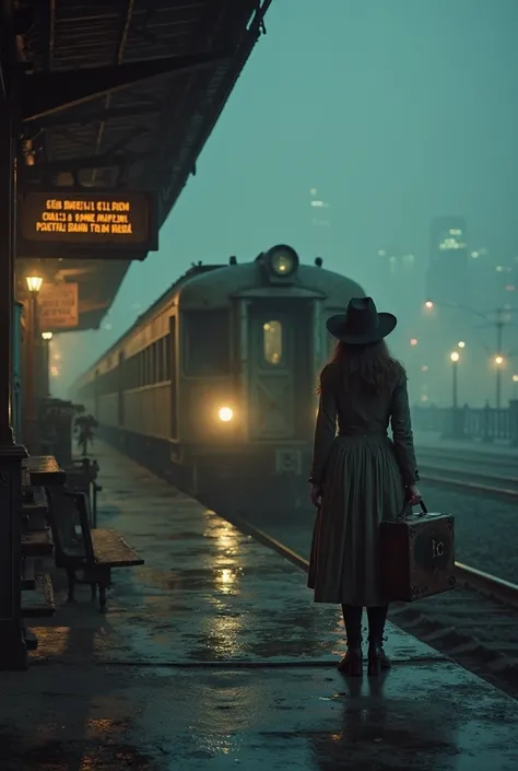 A dimly lit, fog-covered train station at midnight. An old, rusted train with glowing headlights waits at the platform with its doors open. A lone woman in a tattered coat and wide-brimmed hat stands at the edge of the platform, her face hidden in shadows....