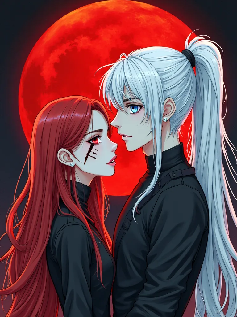 Beautiful girl with red straight long hair, girl's eyes are red. On the face scar, crossing the eyebrow, eye and cheek. The girl has fangs. There is a huge red moon in the background. A man with long snow-white hair is standing next to him,  gathered in a ...