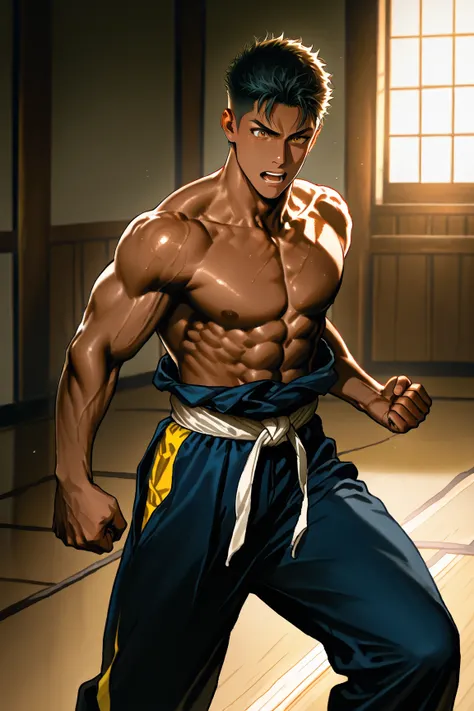 best high quality, Details, photo realistic, 1 japanese young boy, abs, dark skin, in dojo,