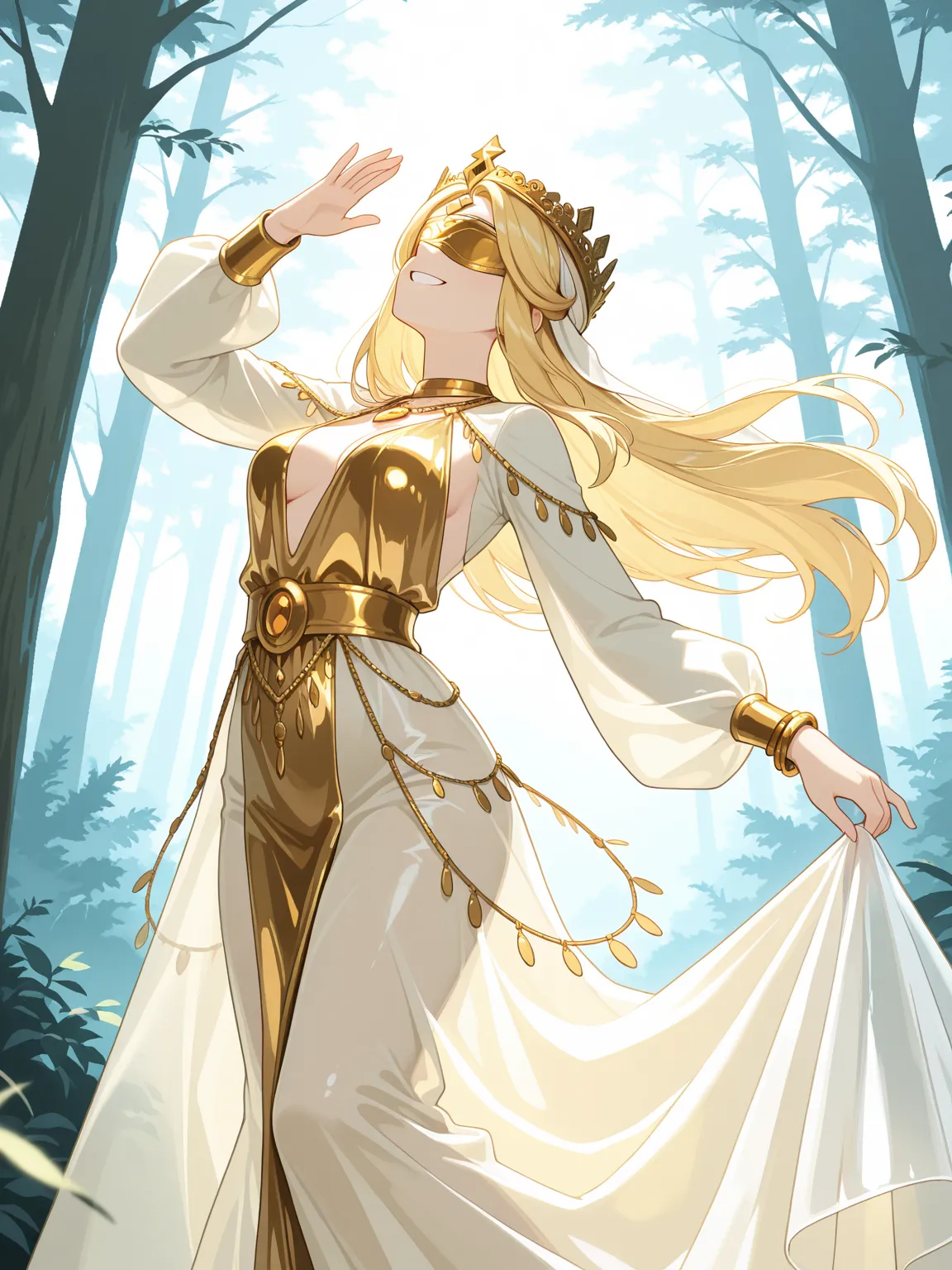 Girl dancing in the forest,  long blond hair, smiling, white, medium breasts, Long dress with transparent skirt and long sleeves transparent, Gold jewelry on dress,  Gold bracelets  ,  gold crown on your head ,  looking up, with a white blindfold covering ...