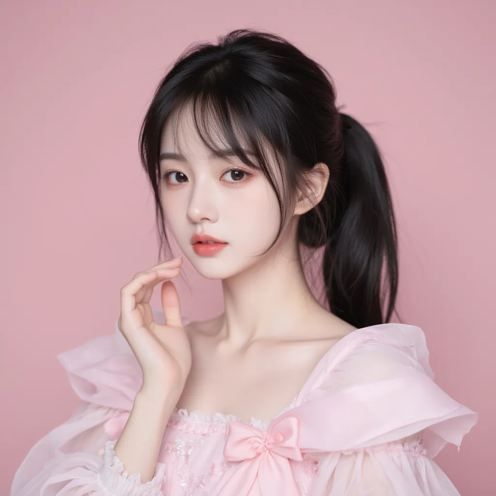 kpop girl, korean and Chinese, soft black hair, gorgeous, 18 years old, stunning, perfect visual, unique and porcelain like visual, visual like a doll, hair in a ponytail, realistic, plump lips, fits Korean beauty standards 100 percent, adorable, dreamy an...