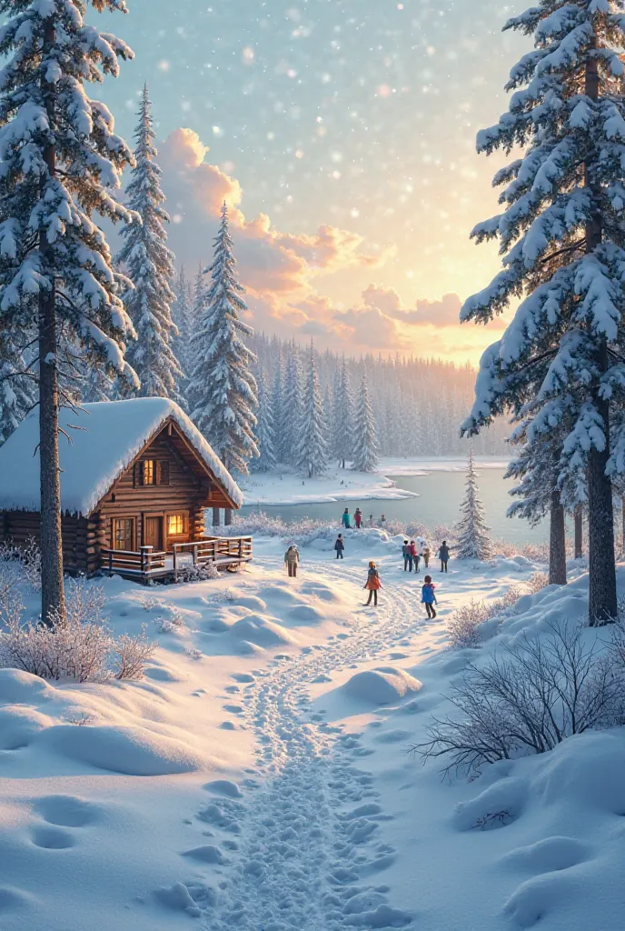 A peaceful winter landscape covered in a thick layer of snow, with snowflakes gently falling from the sky. Tall pine trees stand with branches heavy with fresh snow, and a cozy wooden cabin with warm glowing lights is nestled among them. A small frozen lak...