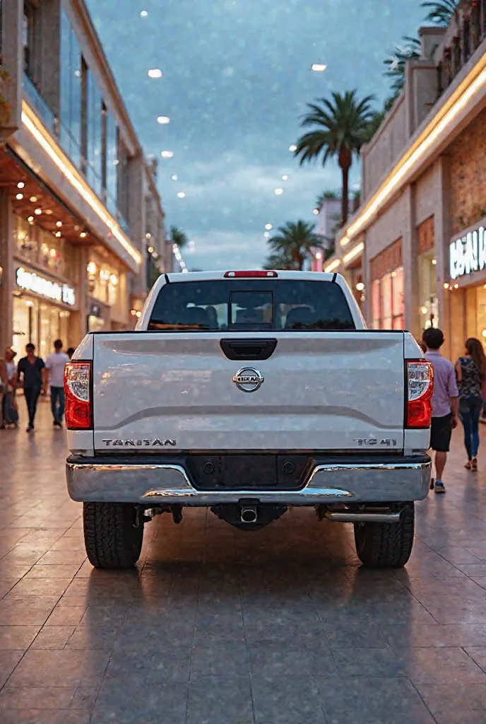 Back full review picture of Nissan Titan in  white in shopping mol his wheel color white