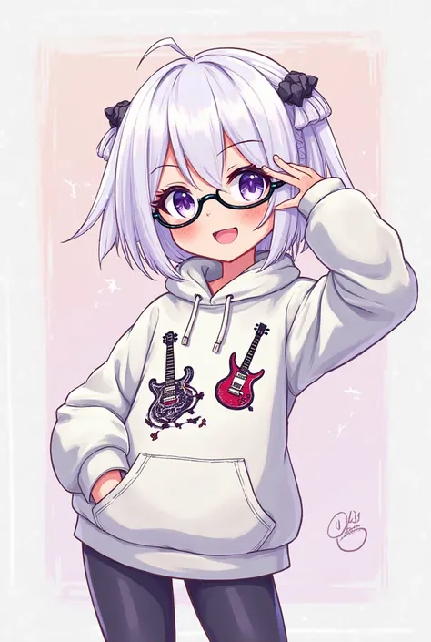 Fassa an anime ager with white hair,  purple eyes,  wears glasses,  in a white hoodie with rock drawings, smiling and posing for the camera