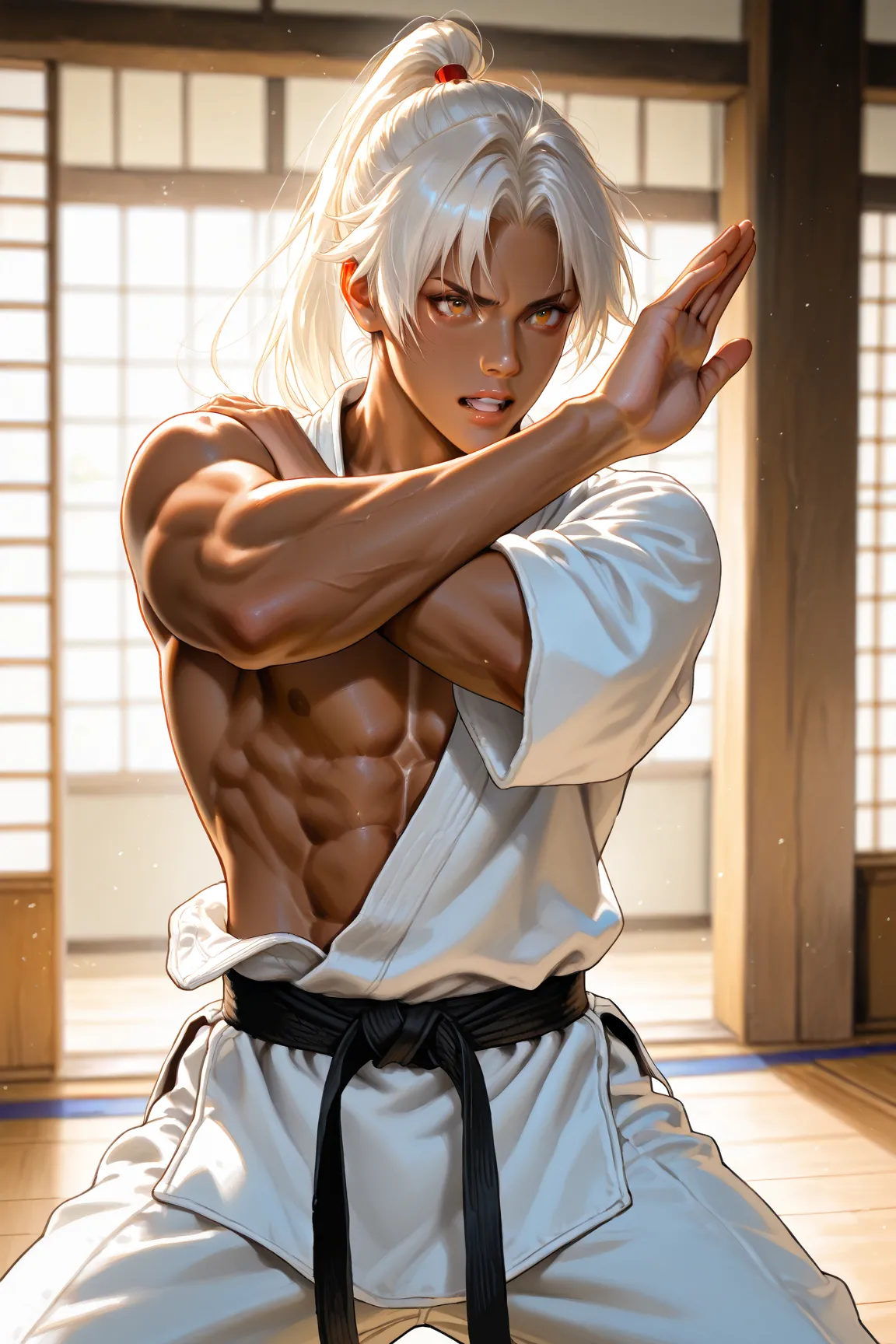 best high quality, Detailed eye, photo realistic, 1 japanese young boy, (abs), dark skin, white karate wear, in dojo, topless, muscle, flexing,