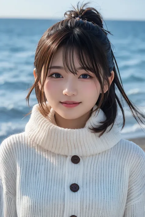 best quality, 8k, masterpiece :1.3)), 1 girl, random hairstyles,  photos, facial focus, costume, super detailed face, detailed eyes,  double eyelids,  idol, cute, full body, Winter clothes, smile, sea, sea岸