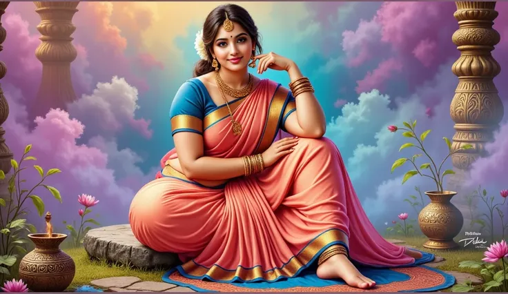 A stunning digital painting of a woman in traditional Indian attire, adorned with intricate gold jewelry, reclining amongst a lotus pond, holding a lotus flower, bathed in warm, natural light, showcasing rich, vibrant colors and a smooth, polished texture,...