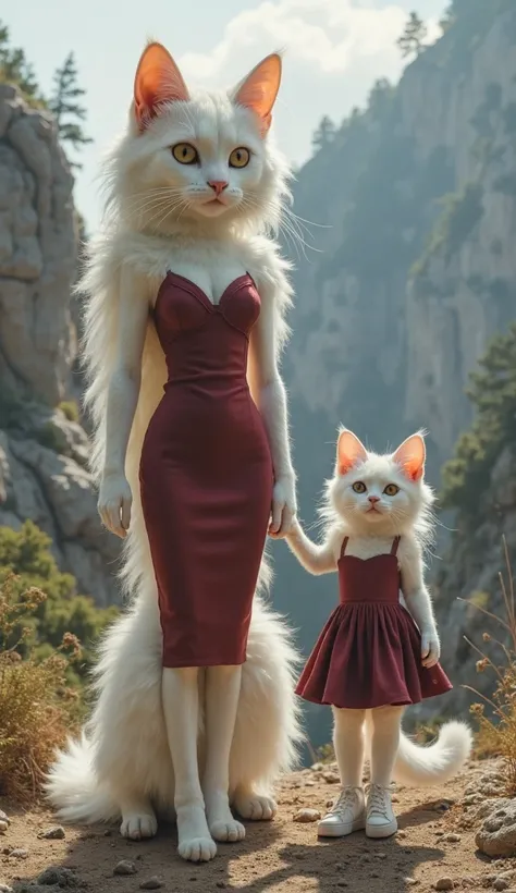 .

Positive Prompt:
HDR quality image of a white anthropomorphic female cat, 5.8 feet tall, with long layered hair. She is dressed modestly in a maroon peplum dress with matching maroon heels. Beside her stands a four-year-old white anthropomorphic kitten,...