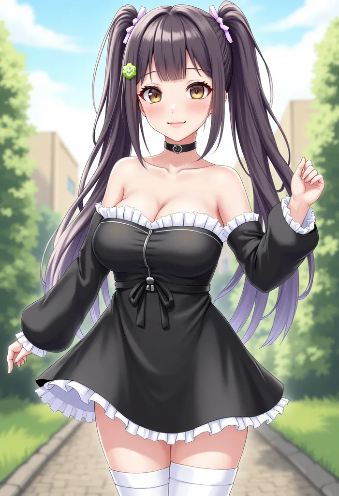 1 girl, Alone,  long hair, chest, Watch Viewers,  Japanese, large chest,  Long Sleeve,  dress, Thigh High Socks, chest元,  shoulder out, twintails, standing, clavicle, flower, outdoor, frills, detachable sleeves, choker, black  dress, white Thigh High Socks...