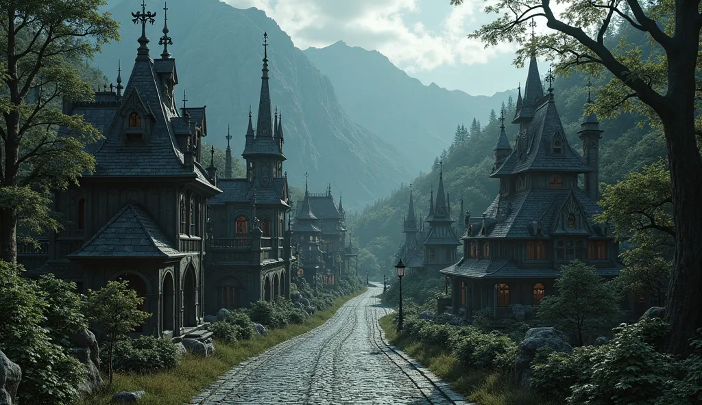 (photorealism:1.3), cobble street view of a darker deep woodland town surrounded by mountains, the architecture is luxurious neo-gothic mixed with a touch of Drow and dark Elven and Atlantean, the buildings are dynamically different and spread out, the amb...