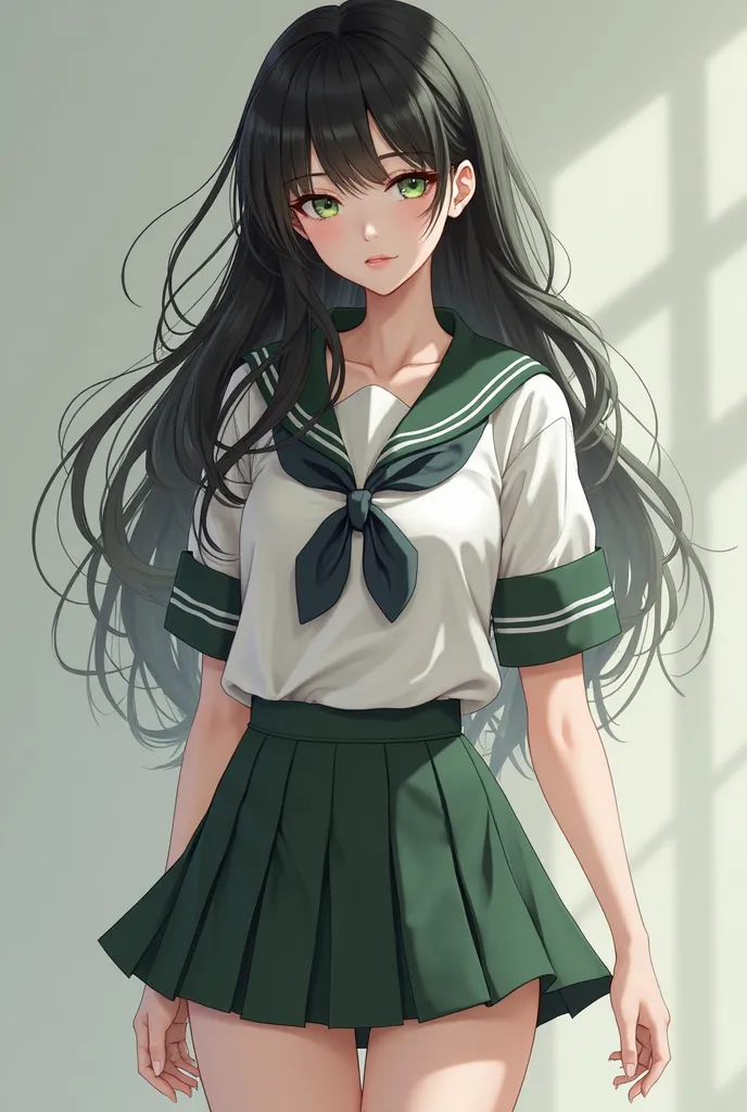 An 18-year-old girl with an angelic face, mini skirt and thick legs, thin waist and big breast wearing schoolgirl clothes, black hair and green eyes