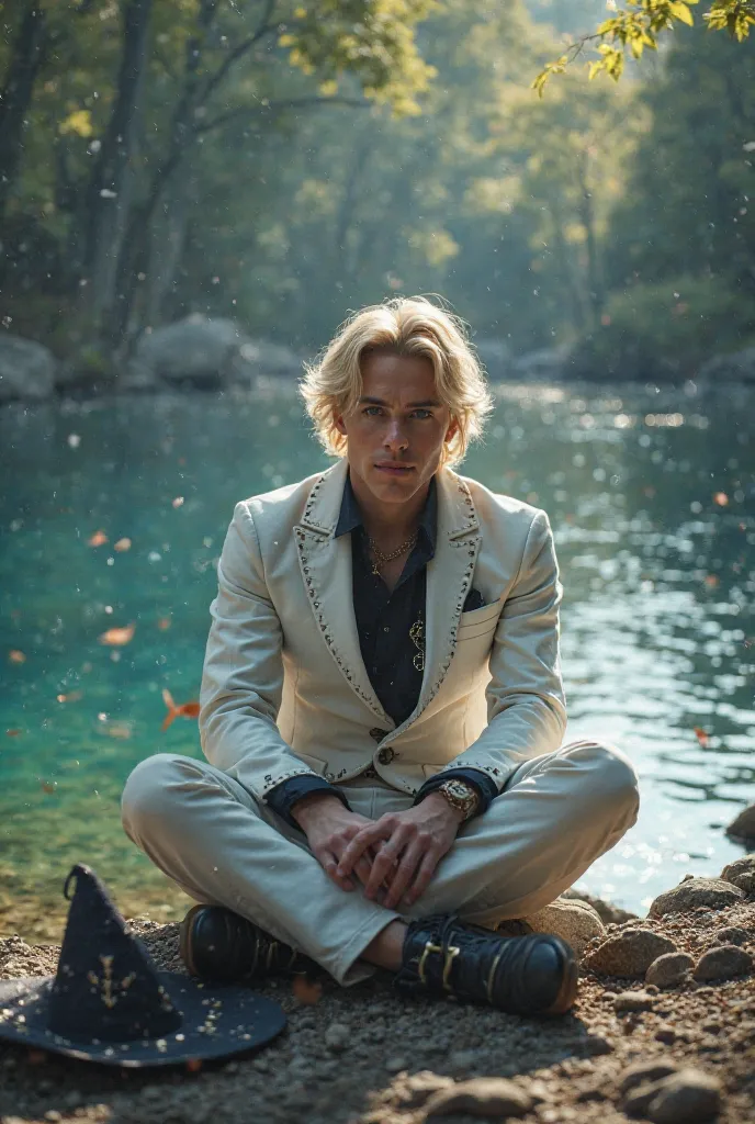 A young blond warlock with goosebumps wears a white suit with black details,.
He's wearing a wizard's hat 
Do you have eyes honey
Does the clothing belt have a pound symbol.
The wizard's hat is on the floor 
He's sitting in front of a lake
Without a beard,...