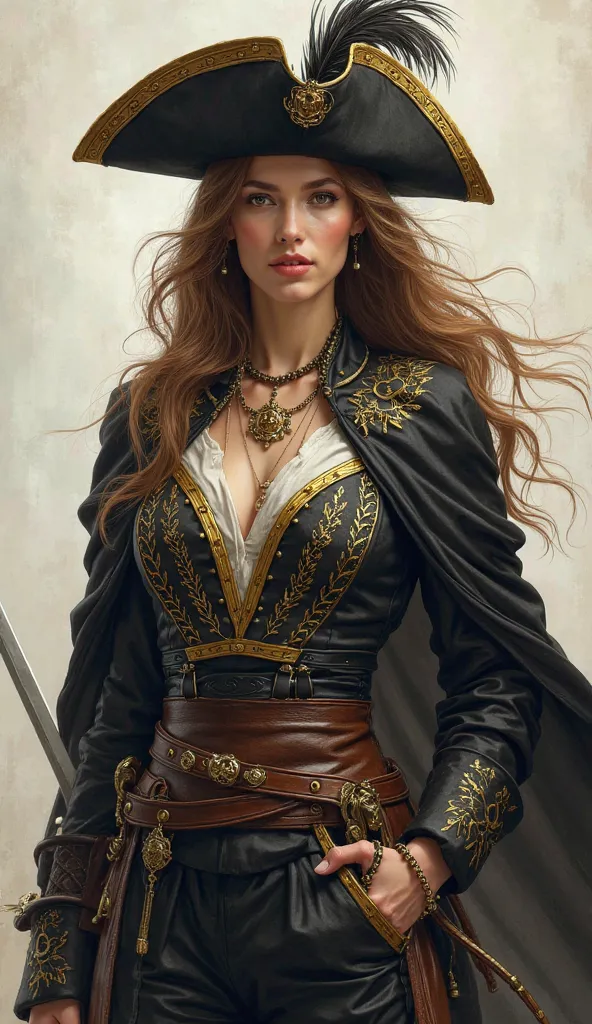 A confident and courageous woman, embodying the spirit of a musketeer. She wears a classic musketeer outfit with elements of black, white, and gold, inspired by the Corinthians' colors. Her attire includes a sleek cape, a feathered hat, and a sword by her ...