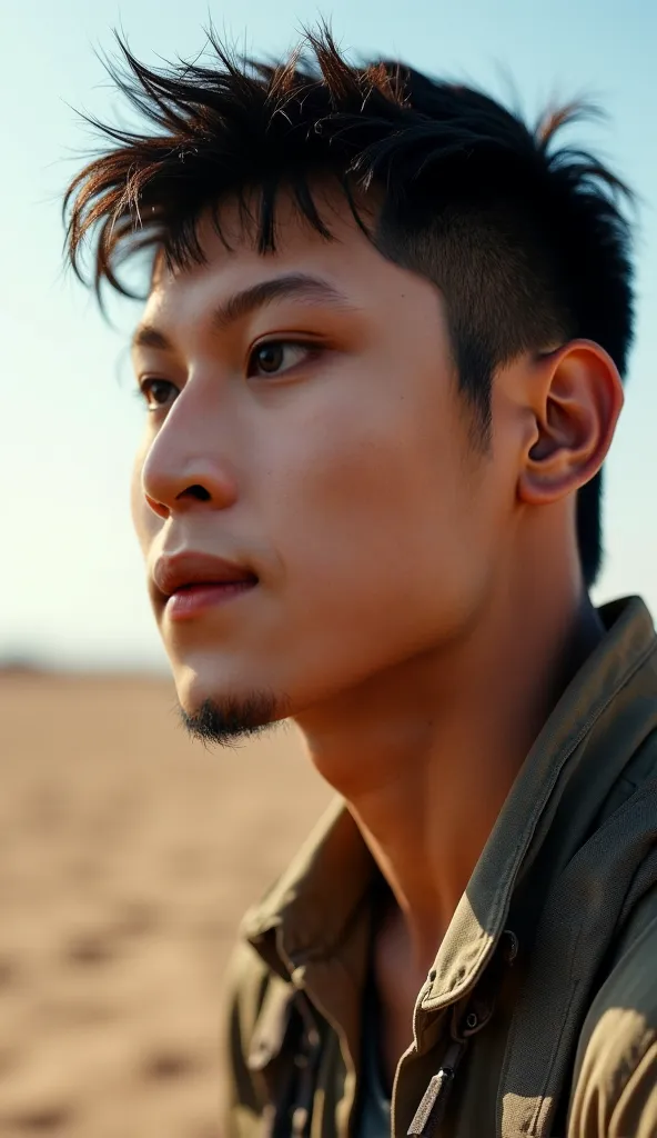 close up of handsome blue eyed asian man's face looking out at the horizon thirsty and hot void in muddy apocalyptic desert