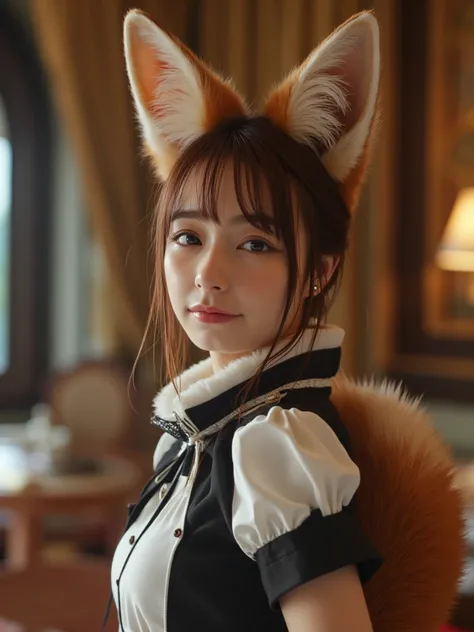 (( top quality made of straw , 8k)), ((Girl with straight brown hair)), (( photorealistic)), ( masterpiece), Perfect Face , ((Woman with fox ears )), ((That woman has a fox tail )), foxgirl, (Her tail is big  ), ( That beautiful woman is shy), She's a coll...