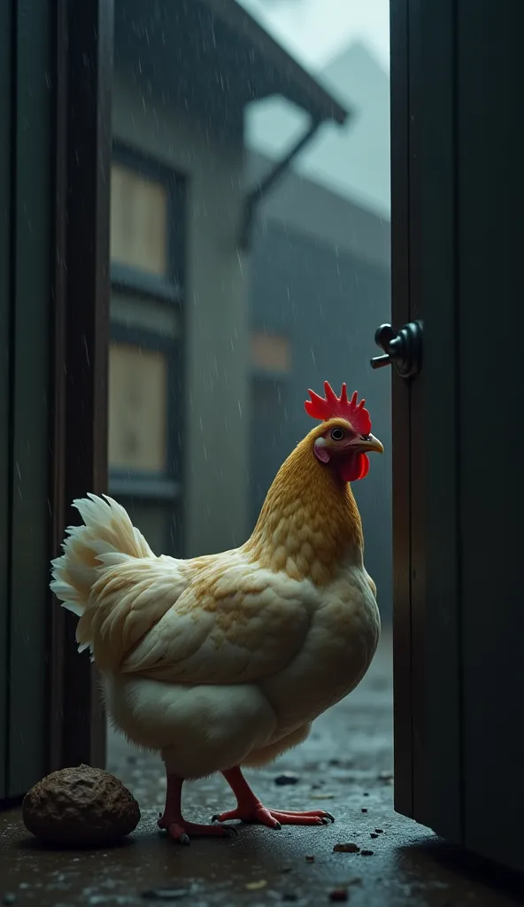 2. Second scene : knocks on the houses of other chickens
The character: Ramoo chicken, good chicken
Image description: Ramoo chicken is knocking on the door of the goodie hen, the goodie hen is peeking through the door and looking unwillingly. It's raining...