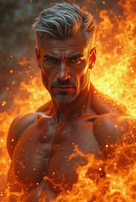 Handsome guy with realistic facial features in flames with gray hair and muscular muscles