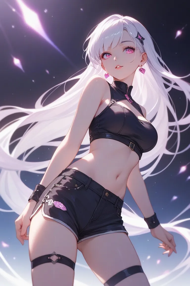  Hot anime girl with extremely long white hair and pink eyes and is wearing black and purple  booty shorts and  black and purple crop top 