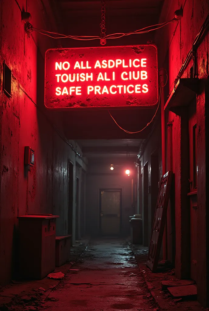 Create a realistic image of (A half-lit sign above a run-down club, glowing red in the dark.)
"Raw love don’t mean real love. No rubber? No entry. Simple."