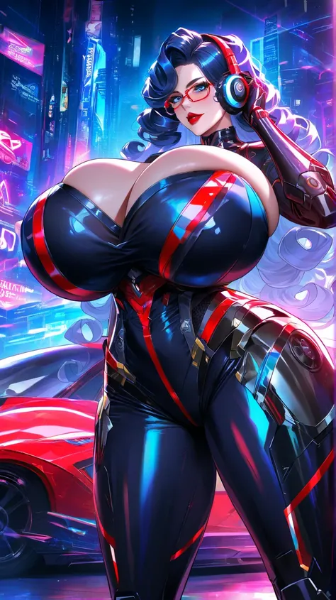  Cyborg female character with headphones and glasses futuristic transparent, Action scene shooting with your futuristic gun from inside the cyberpunk 2077 futuristic super car long curly hair color black, blue eyes red lips with black clothes red latex det...