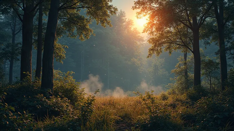 Photorealistic, image viewed forest scene at night, illuminated by a warm golden-orange light that softly highlights the dense undergrowth and bushes. The glow gently contrasts with the cool, silvery moonlight shining from above, casting a serene and mysti...