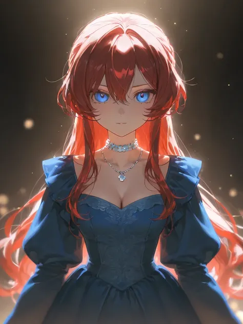 Create a female character with long red hair, blue sharp eyes, a noble blue dress, a Victorian style, a silver necklace, a beautiful tall silver necklace, a standing face, standing, looking at the viewer in full high definition.