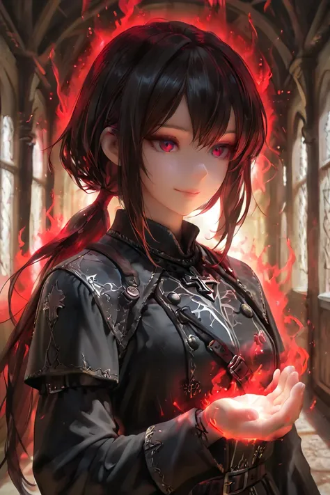 masterpiece, best quality, detailed eyes, semi realistic, 8k, girl, pure, emotionless, black low ponytail hair, red eye, fantasy hallway, black medieval luxury uniform with red accessories, nobility, red aura on her hand, calm, smile