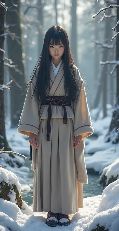  High quality. A real Oriental Japanese girl with 18 years old with beyond floor length black hair and see her "whole" body wearing thick lambswool traditional Wafuku standing nearby hot springs inside the forest, must see her whole body. The scenario of f...