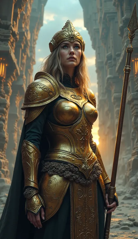 ‘Standing in front of an ancient stone temple is a magnificent warrior woman, resplendent in golden armour, with deep blue eyes, wearing a finely detailed helmet. On her back is a shield with ancient mythological symbolism, and in her hand is a perpetual s...