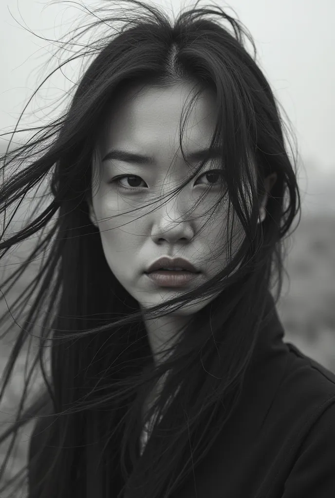 Profile picture of a black and white Korean woman in her 40s on a windy day with long hair