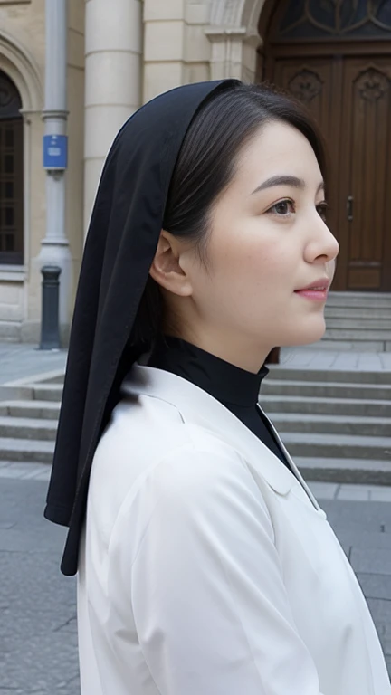 Age 35、 The face as it is 、 nun, Exactly, 、 back view、 European Scenery、 does not show face、In front of the church