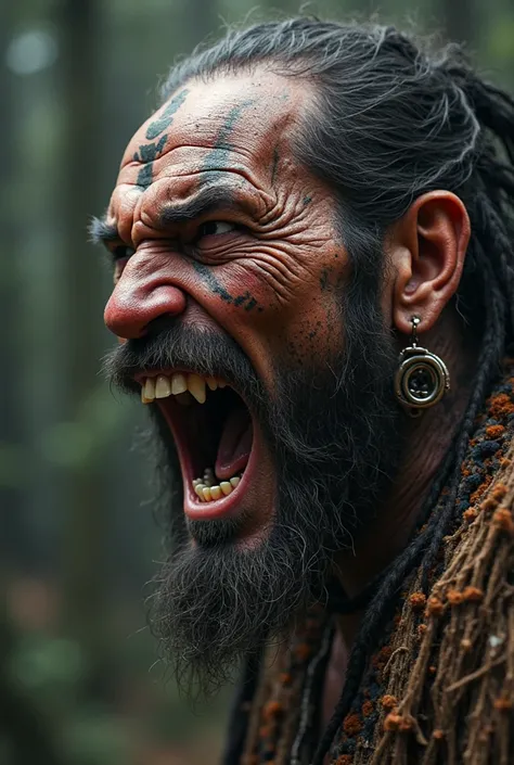 Create the face of an angry, screaming shaman man with his head turned to the left 