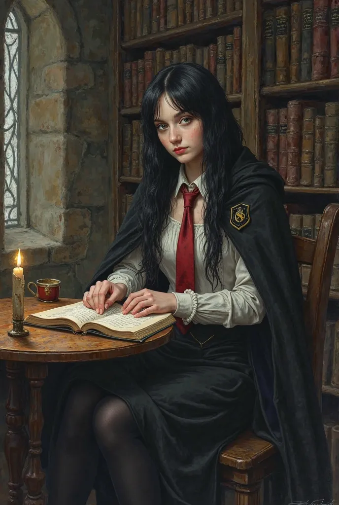 The image portrays an (A daughter of Severus Snape: (European girl, black hair, green eyes)) with a youthful and enigmatic appearance, sitting in a dark area of the Hogwarts library.  Her long  hair , smooth and frayed ,  falls softly on her shoulders , wi...